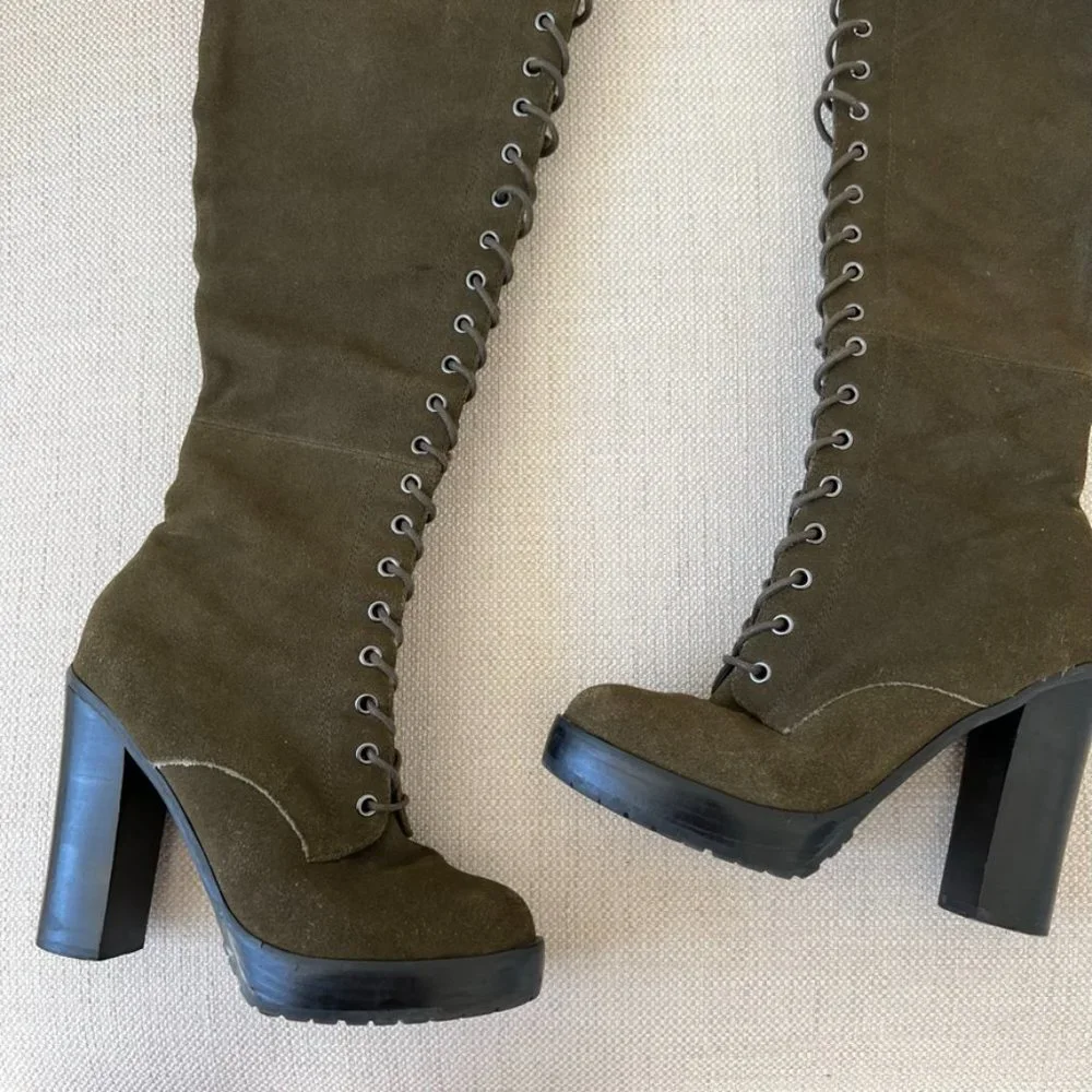 ALDO Olive Green Suede Over-the-Knee Lace-Up Heeled Boots
